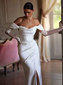 Off-The-Shoulder Short Sleeve Mermaid Wedding Dress With Side Slit And Lustrous Satin Finish – Elegant Bridal Gown Featuring Soft Draped Sleeves, Subtle Leg Slit, And A Figure-Hugging Silhouette With Dramatic Flared Skirt, Ideal For Weddings, Christmas Parties, Halloween Galas, Prom Night, Birthday Celebrations, And Special Occasions. Suitable For Evening Receptions, Black-Tie Events, Cocktail Affairs, Engagement Dinners, Bachelorette Nights, Holiday Dinners, Anniversary Events, And Formal Gatherings. - 白色 - 查看 6