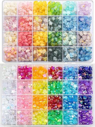 Hộp hạt nhựa acrylic hình trái tim và ngôi sao, thích hợp làm đồ trang sức, nhiều màu sắc và kiểu dáng, hạt rời, có thể dùng làm hạt đệm, để tự làm vòng cổ, vòng tay và các đồ trang sức khác.