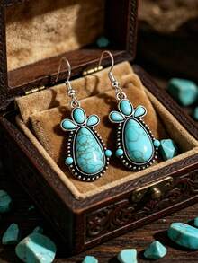 1 Pair Vintage Style New Turquoise Earrings, Women's Retro Distressed Western Style Turquoise Earrings - Antique Silver - View 2
