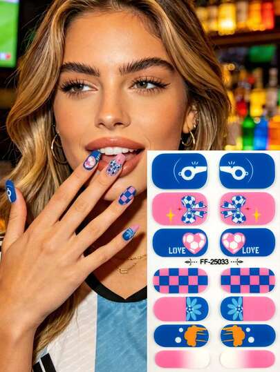 1 Sheet Pink & Blue Football Theme Nail Stickers, Featuring Bow, Heart, Whistle Elements, 14 Nails Decals, Waterproof & Long-Lasting, Removable, DIY Nail Art For World Cup Girl Fans