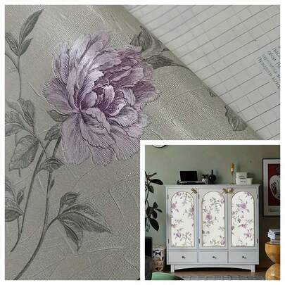 1 Roll Of Retro Purple Peony Self-Adhesive Wallpaper French Light Luxury Style Bedroom Background Wall Renovation Decorative Wallpaper Suitable For Modern Style Kitchen Countertops, Bedrooms And Other Spaces, Is A Fashionable Vinyl Wrapping Material