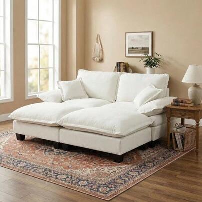 Modular Ecksofa, Cloud-Couch With Segelboot-Design, Including 2 Small Ottomans & 2 White Kissen, Comfortable Chenille-Bezug For Wohnzimmer & Apartments, Beige