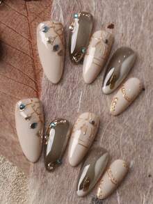 10pcs Press On Nails Nails Press On Nail Supplies Long Almond Beige Green Cat's Eye Golden Line Nails Fake Nails Artificial Nails Kit Includes 1sheet Adhesive Tabs &1 Pc Mini File - Multicolor - View 2