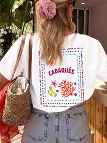 Plus Size Women's Casual Vacation Round Neck T-Shirt, Comfortable Breathable Fabric, Suitable For Spring/Summer Outings, Loose Fit Flattering Silhouette, Best Choice For Holidays And Travels. White - White - View 4