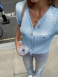 Women's Casual Chic Cardigan, Elegant Vacation Street Style, Spring/Summer - Light Blue - View 3
