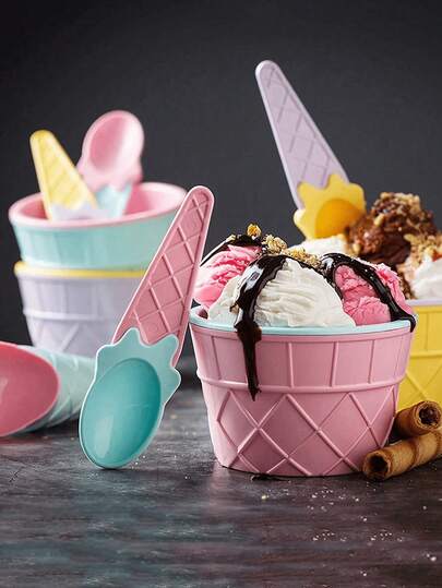 1/2/4 set Juego de tazón y cuchara para helado, taza de helado reutilizable, set aleatorio de decoración de fiesta de cumpleaños de helado, fiesta, viaje, boda, graduación, despedida de soltera, cocina, artículos de cocina, almacenamiento, decoración, exterior. (Se enviará un color aleatorio)
