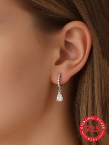 1 Pair Elegant Fashionable Minimalist Delicate 925 Silver Zirconia Water Drop Double Circle Earrings, Suitable For Women's Daily, Date, Party, Wedding - Silver - View 1