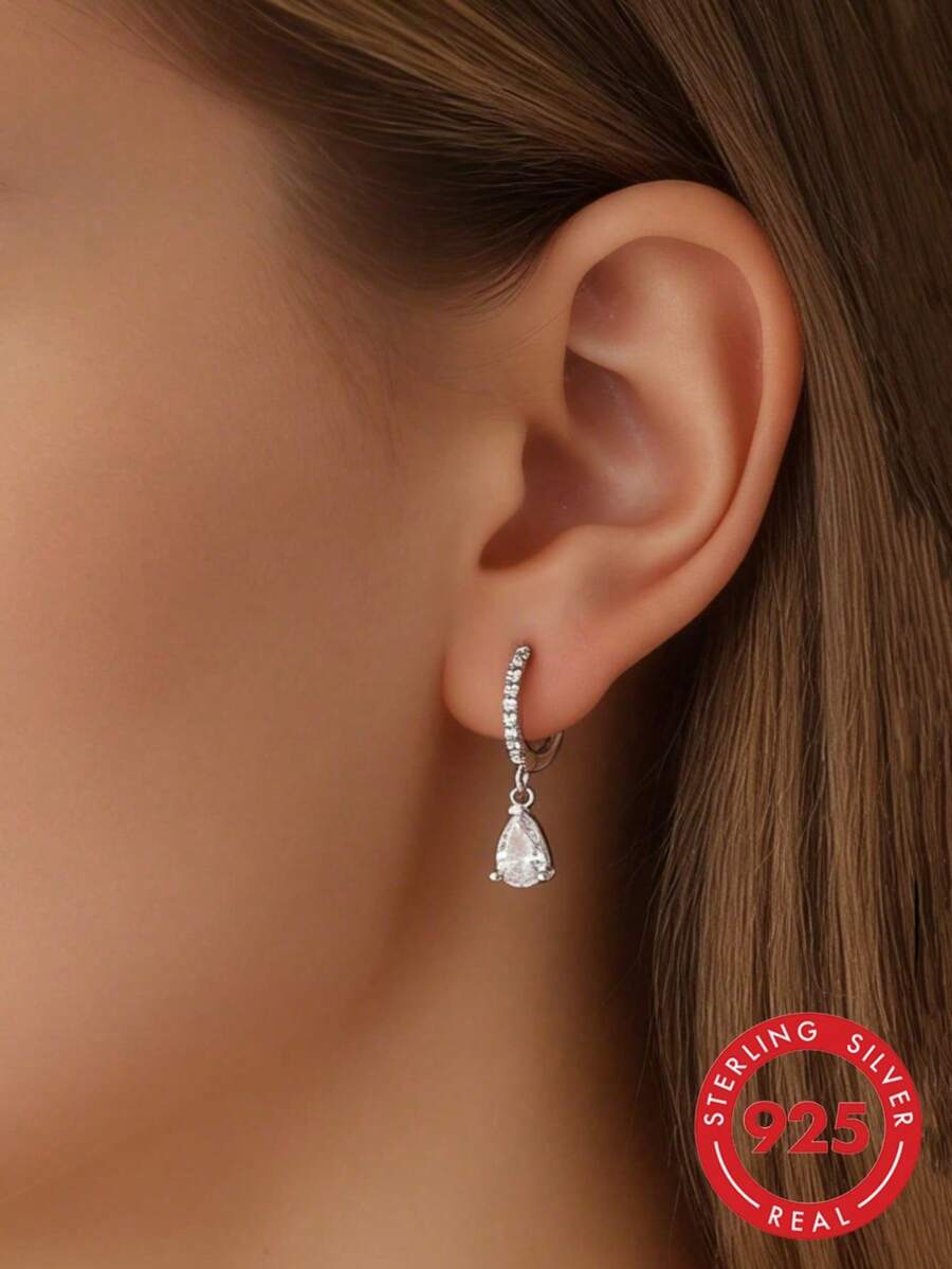 1 Pair Elegant Fashionable Minimalist Delicate 925 Silver Zirconia Water Drop Double Circle Earrings, Suitable For Women's Daily, Date, Party, Wedding - Silver - View 1