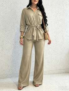 ChicMe 2pcs Women Set, Collared Roll-Up Sleeve Button Front Shirt With Drawstring Waist Wide Leg Pants With Pockets, Casual Office Wear Spring - Khaki - View 3