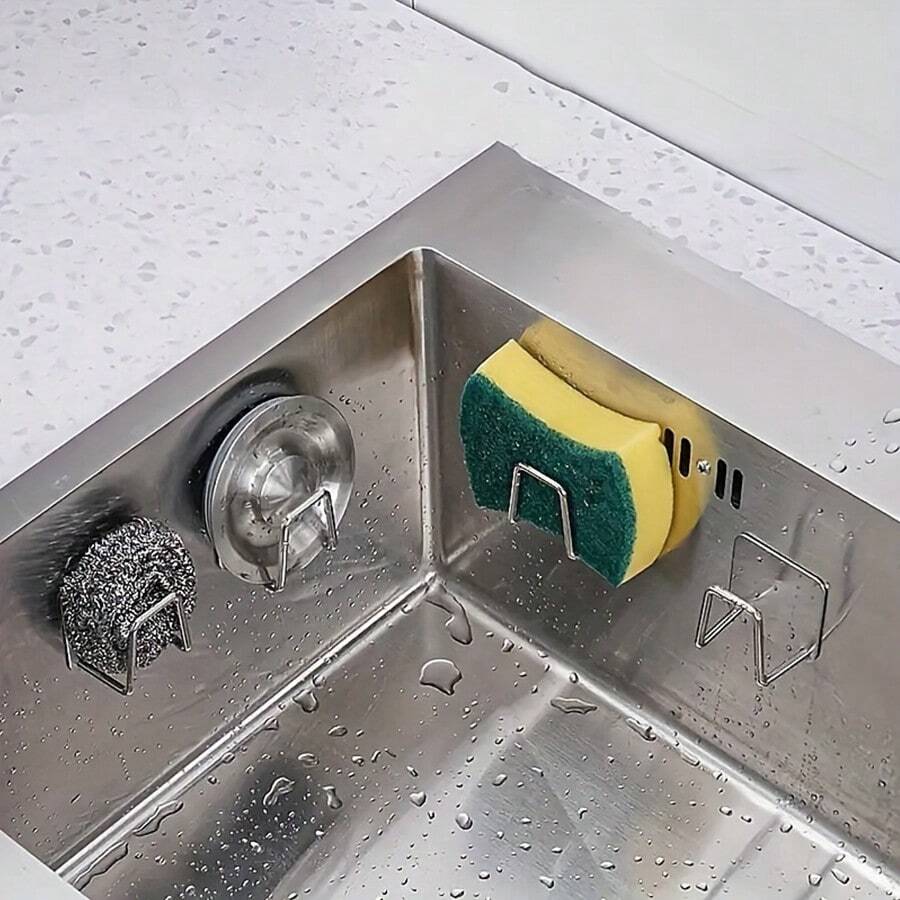 1/2个不锈钢海绵架，厨房水槽沥水架兼浴室挂钩，易于安装的壁挂式设计，自粘防水，外观时尚，牢固耐用。厨房收纳架。复活节/母亲节礼物