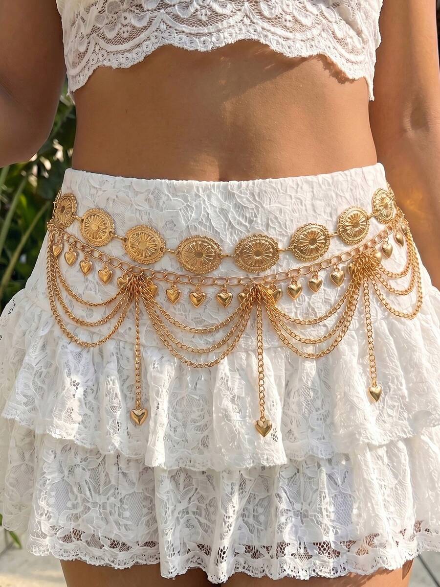 2pcs Vintage Bohemian Style Daisy Petal & Flower Design And Multi-Layer Heart Belly Chain, Sexy Arabian Tassel Waist Chain, Suitable For Beach, Holiday, Party Outfit, Halloween, Campus Autumn, Autumn - Heart Pendant - View 1