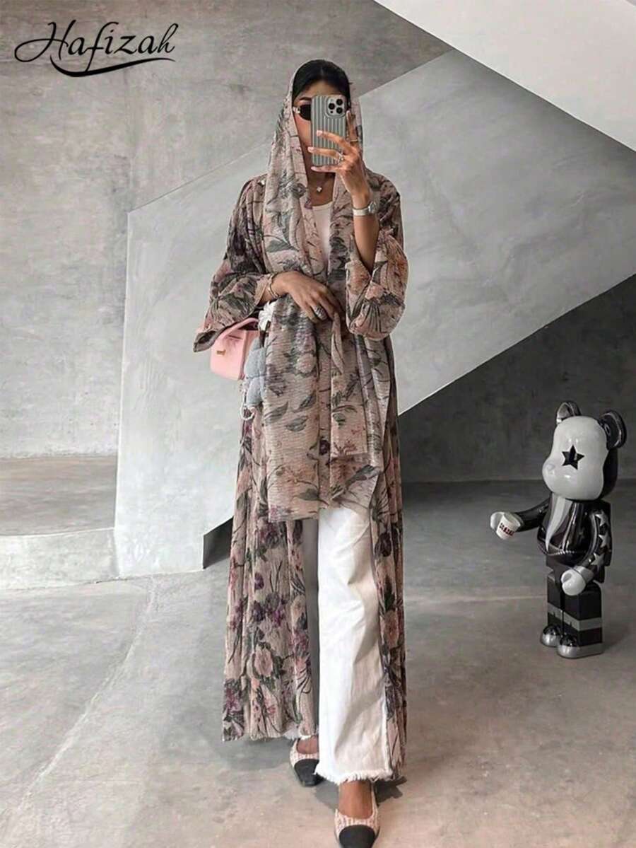 Áo Abaya dài tay xếp ly in họa tiết dành cho phụ nữ Trung Đông, kiểu dáng kín đáo, thích hợp cho kỳ nghỉ xuân. - màu nâu - Xem 1