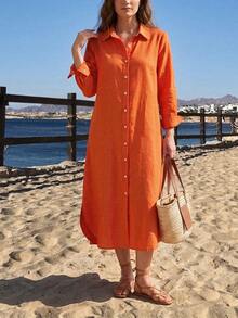 橙色翻领纽扣侧开衩长款衬衫裙，度假风 - 彩色 - 查看 3