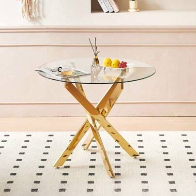 Dining Table With Cross Metal Leg And Tempered Glass, Modern Space-Saving Kitchen Table For Living Room, Legs, Round Table, Golden Legs, 80x80x75cm