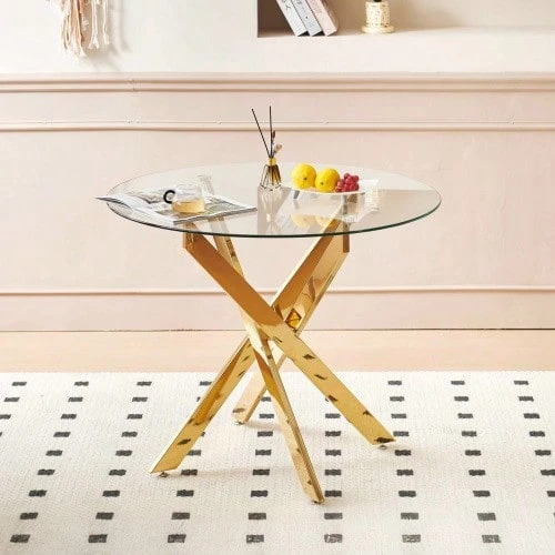 Dining Table With Cross Metal Leg And Tempered Glass, Modern Space-Saving Kitchen Table For Living Room, Legs, Round Table, Golden Legs, 80x80x75cm - Golden - View 1
