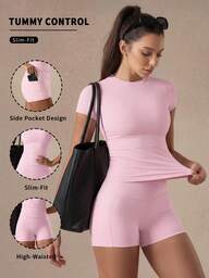 6pecil Conjunto de 2 piezas estilo dulce rosa, camiseta de manga corta linda & shorts de ciclismo de cintura alta con bolsillos, conjunto deportivo suave y femenino para mujer