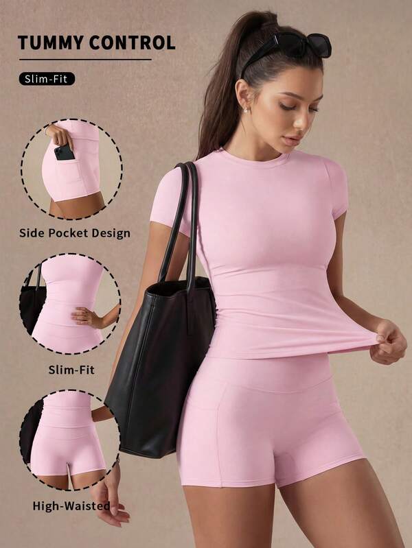 6pecil Conjunto de 2 piezas estilo dulce rosa, camiseta de manga corta linda & shorts de ciclismo de cintura alta con bolsillos, conjunto de fitness suave y femenino para mujer