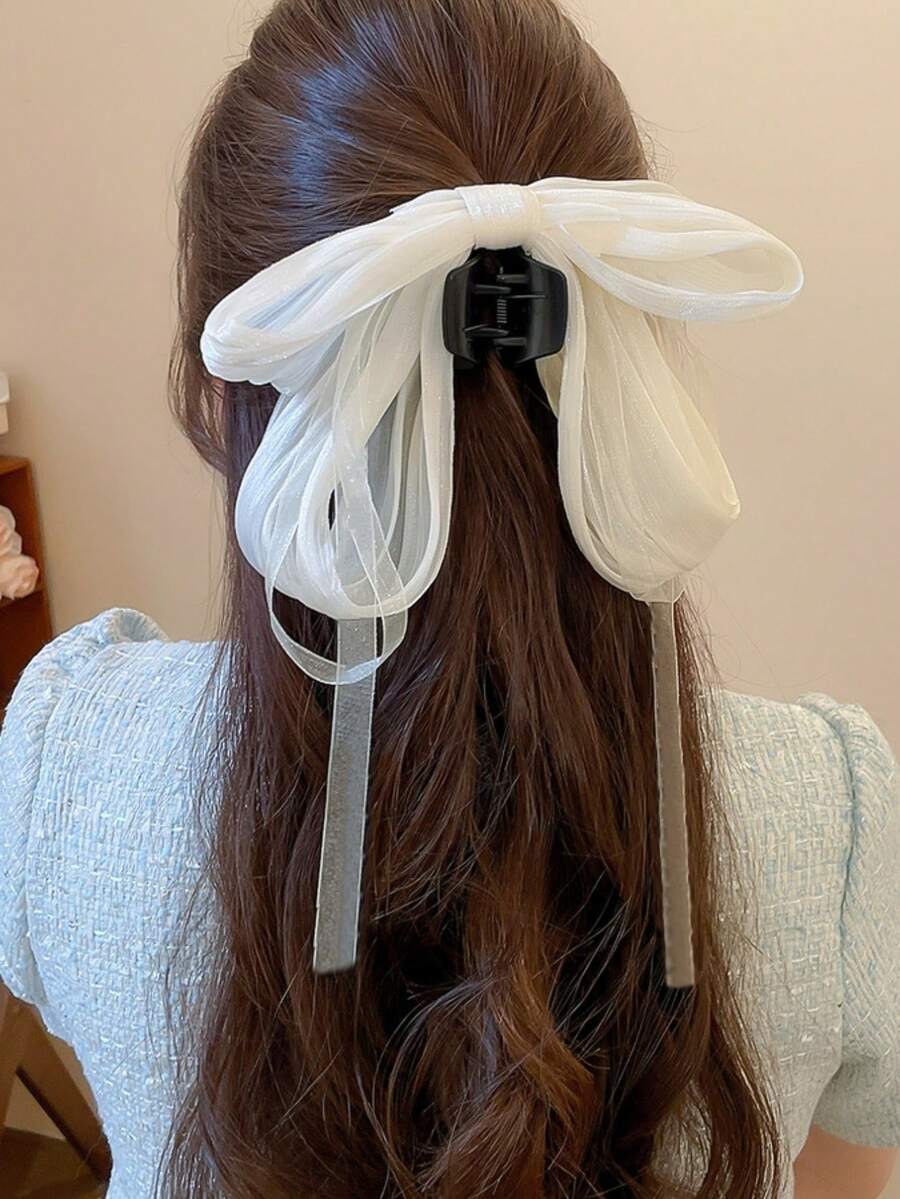 1 件装女士网纱褶皱蝴蝶结发爪气质发饰，后脑勺抓夹发夹 - 彩色 - 查看 1