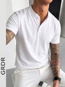 GRDR 男士印花经典纯色亨利领短袖衬衫，休闲必备单品，夏季衣橱必备 - 白色 - 查看 3