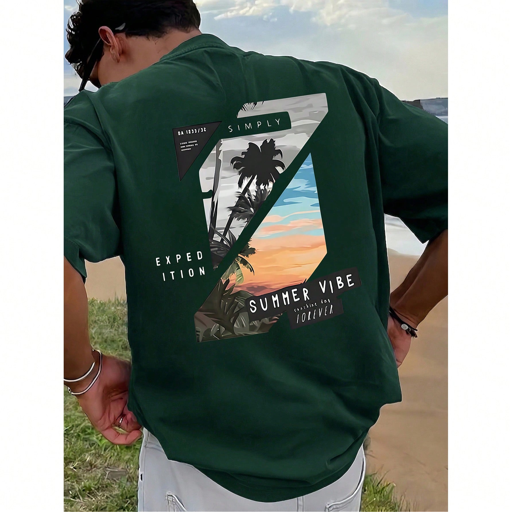 Camiseta de hombre con estampado gráfico, ropa de verano para la playa de corte holgado y manga corta