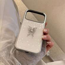 GUCADI 银边 3D 银蝴蝶 + 灰色水晶挂绳，奢华风格，适用于 17 Pro Max、17、Apple 15，镀金银蝴蝶，14 英寸防摔，16 英寸带挂链，创意、几何、艺术、清新、小众、奢华风格、ins 风 - 銀色 - 查看 7