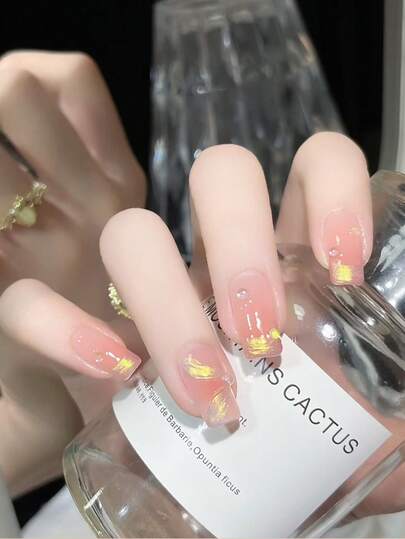 24 Pieces Press On False Nails Short Square/Gentle And Clear Ice Clear Bare Pink Gold Jewelry Short Nail Art Suitable For Daily Commuting, Gatherings, And Casual Wear.