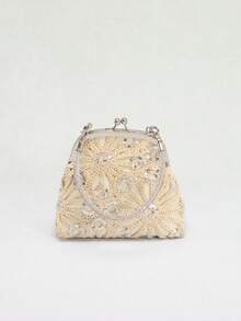 1个米色双面镂空钩编花卉亮片拼接亚麻手提包，时尚奢华水钻装饰手拿包，适合新娘、婚礼、派对、晚宴等场合使用（花卉亮片图案随机分布） - 米色 - 查看 6