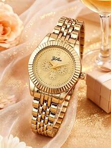 1pc Fashionable Luxury Girl's Wrist Watch With Faux Three-Eye Decoration, Time Function, Valentine's Day Gift, Alloy Girl's Quartz Watch, Multiple Colors Available - Multicolor - View 2