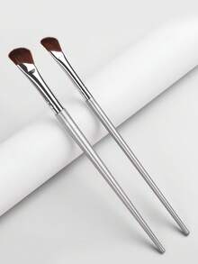 2pcs/Set Silver Handle Angled Makeup Brushes, Eye Shadow Blending & Nose Contour Brushes, Beauty Tools - Silver - View 7