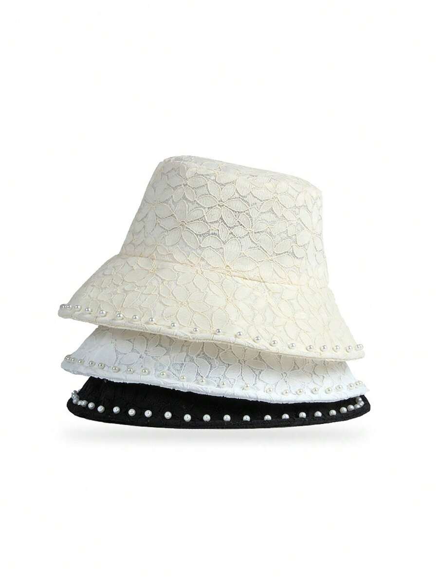 1顶小巧香氛蕾丝珍珠遮阳帽渔夫帽，薄款日式甜美清新盆帽，女士春夏甜美遮阳帽学生情侣帽 - 珍珠蕾絲漁夫帽 - 查看 1