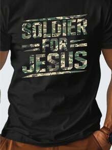 Selected 180g All-Cotton Printed Soldier For Jesus Cotton Men's T-Shirt, Comfortable Fit - 黑色 - 查看 1