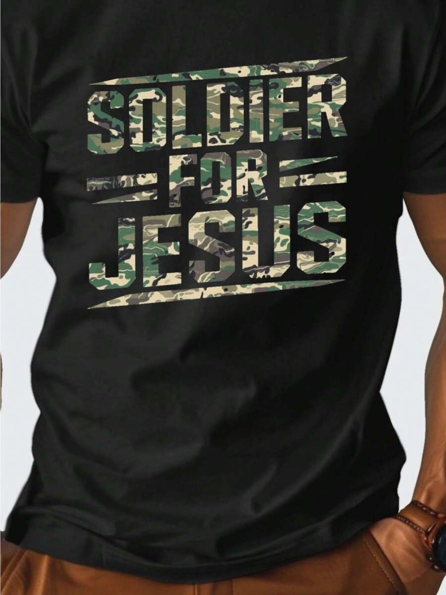 Selected 180g All-Cotton Printed Soldier For Jesus Cotton Men's T-Shirt, Comfortable Fit - 黑色 - 查看 1
