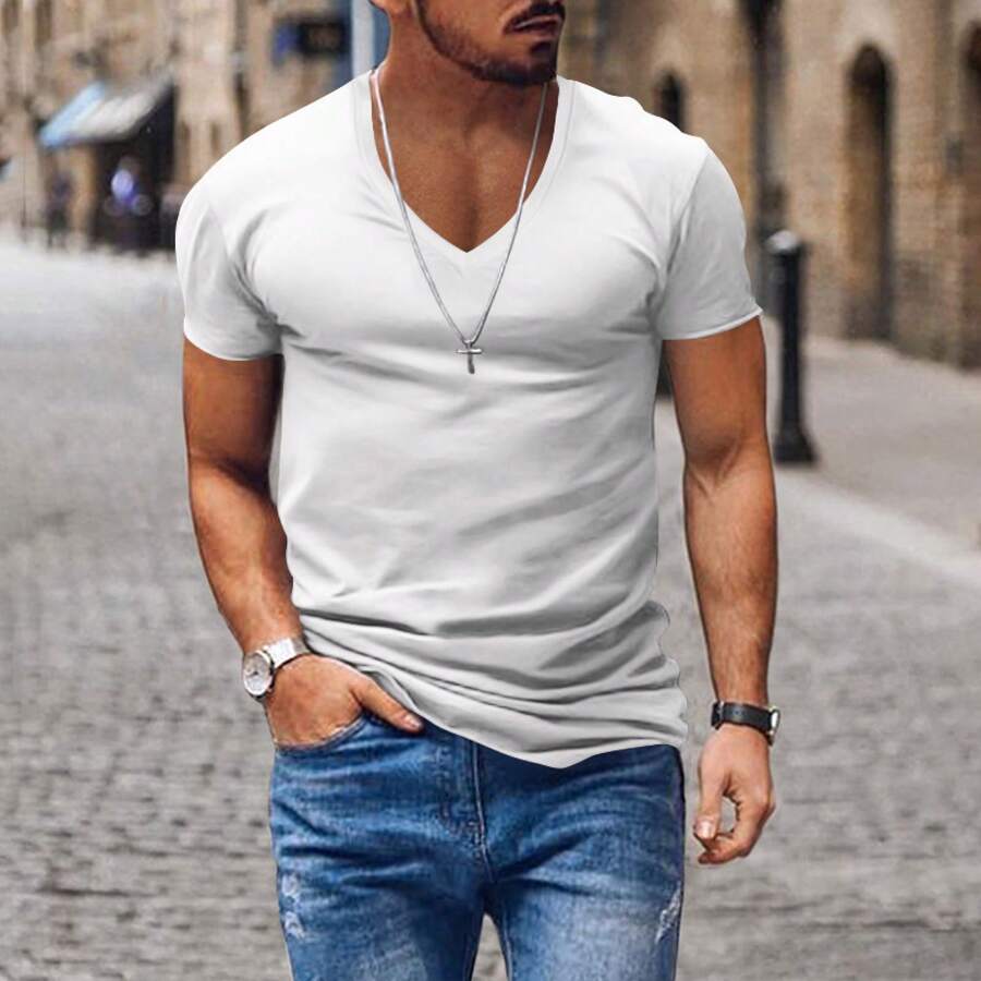 T-shirt da uomo estiva, scollo a V, tinta unita, vestibilità slim, leggera, maniche corte, abbigliamento casual da uomo - Bianco - Visualizzare 1