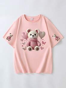 女款可愛泰迪熊氣球印花短袖T恤 - 粉色 - 查看 3