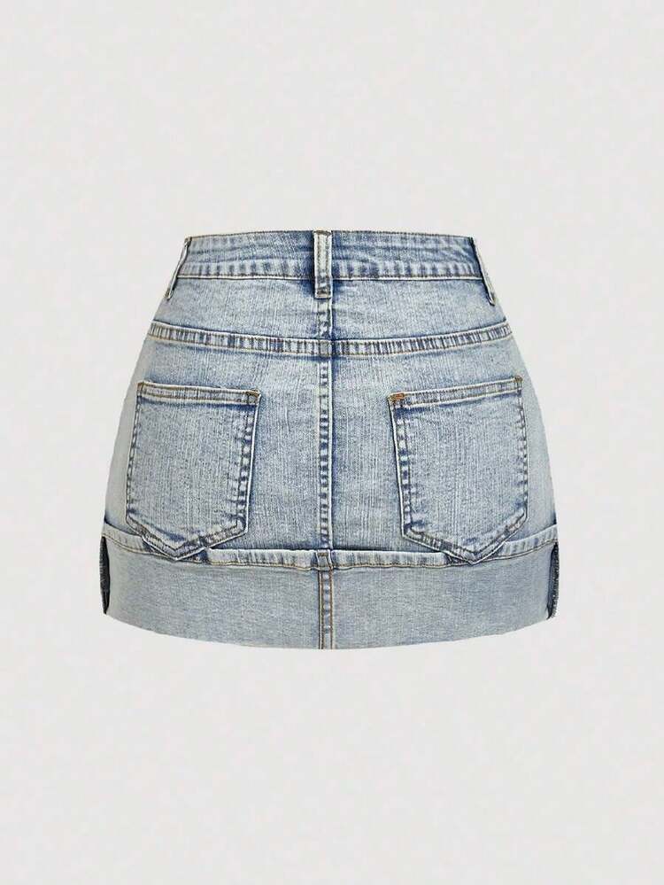 Women's Solid Color Casual Fashion Versatile Denim Skirt With Belt Loop - Azul - Añade 2