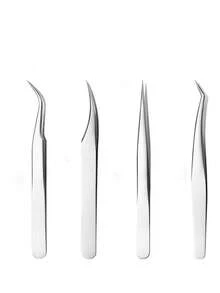 4pcs Professional High-Quality Stainless Steel Eyebrow & Eyelash Tweezers, Suitable For Facial Hair, Ingrown Hair, Eyelash Extension, Eyelash Lift, Eyebrow Grooming Beauty Tools - Silver - View 8