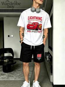 Disney Licensed Short-Sleeve Printed T-Shirt And Shorts Set, Men's Black And White Two-Piece Set, Lightning McQueen Car Cartoon Printed T-Shirt And Shorts Set, Suitable For Family Outings And Vacations. Suitable For Both Men And Women. Comfortable And Breathable. - 黑色+白色 - 查看 1