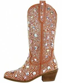 Women's Rhinestone Cowboy Boots, Mid-Calf Western Boots, Sparkling Women's Cowboy Boots, 2-Inch Heel, Slip-On Mid-Calf Boots, Stylish Riding Boots - 寶石橙 - 查看 2
