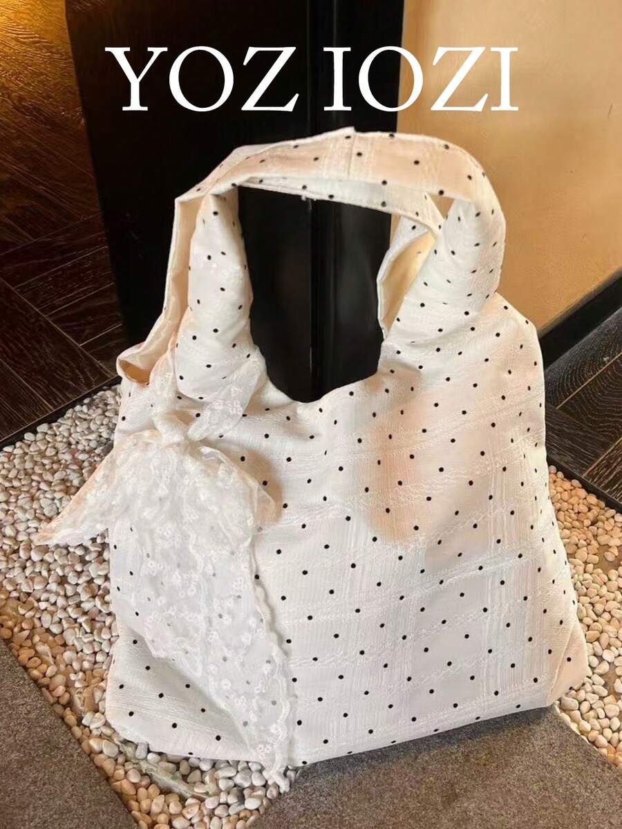 Back To School Polka Dot Canvas Tote Bag, Large Capacity Contrast Color Shoulder Bag, Suitable For College Students, Versatile Handbag, Underarm Satchel - White - View 1