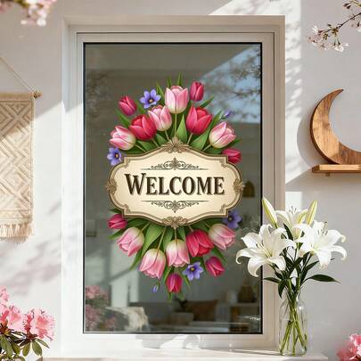 CHAILLY Spring Tulip Gnome & Welcome Static Cling Window Stickers, Reusable Floral Truck Decals For Glass Door, Home & Garden Decor