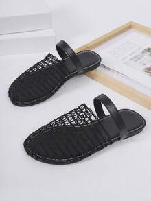 2026 Summer New Korean Style Hollow Fishnet Mule Slippers, Flat Breathable Open-Toe Strap Backless Sandals - Black - View 8