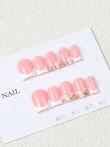 10pcs Handmade French Style Sweet Pink 3D Bow Gold Rhinestone Reusable Full Cover False Nails, Suitable For Dates, Daily Wear, And Gifts For Women And Girls - Baby Pink - View 7