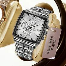 Square Men Chronograph Multifunction Watches Date For Male Clock Quartz Stainless Steel Band Wrist Watches Men  Fashion - Gold Blue - View 10