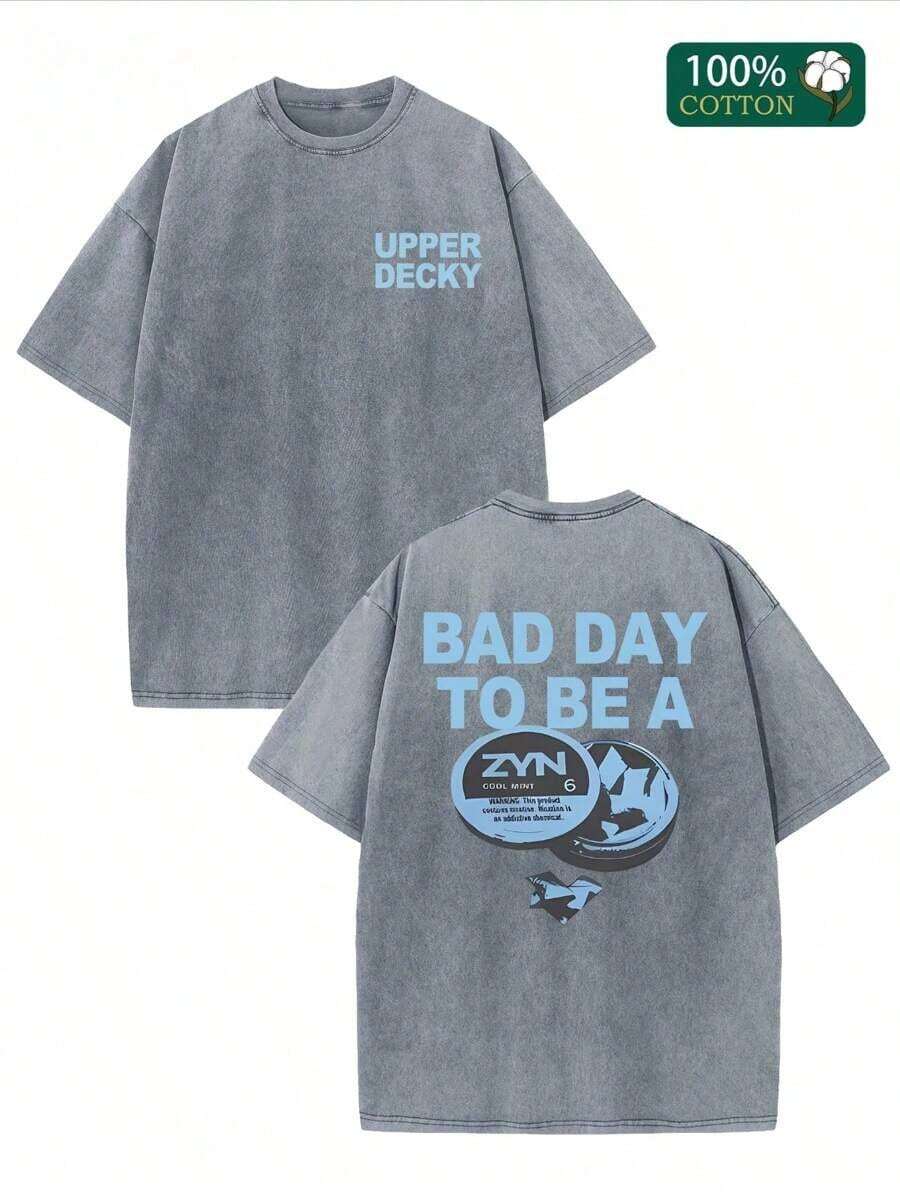 Camiseta Para Hombre"BAD DAY TO BE A ZYN" Graphic Double-Sided Printed Street Style Men's Casual Wear 230g Washed Cotton Round Neck Short Sleeve Comfortable Breathable Basic Double-Sided Printed Tee For Summer High-Quality Edgy DesignLoose And Comfortablegraphic Tees Streetwear Men - 灰色 - 查看 1