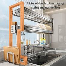 Organizador de fregadero de cocina de acero inoxidable de doble nivel, rejilla multifuncional para secar platos, almacenamiento de tazones y platos - Acero inoxidable - Ver 3
