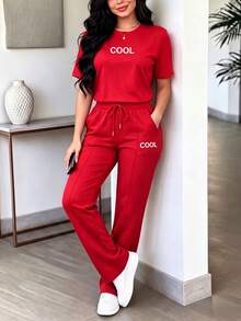 女士新款夏季两件套，个性化字母印花圆领短袖T恤搭配高腰抽绳直筒裤 - 紅色25 - 查看 3
