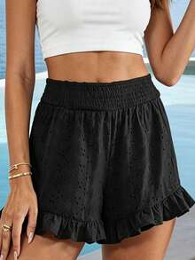 Womens Ruffled Shorts Loose Casual Embroidered Elastic Waist Summer Shorts For Beach Travel Vacations - Black - View 2