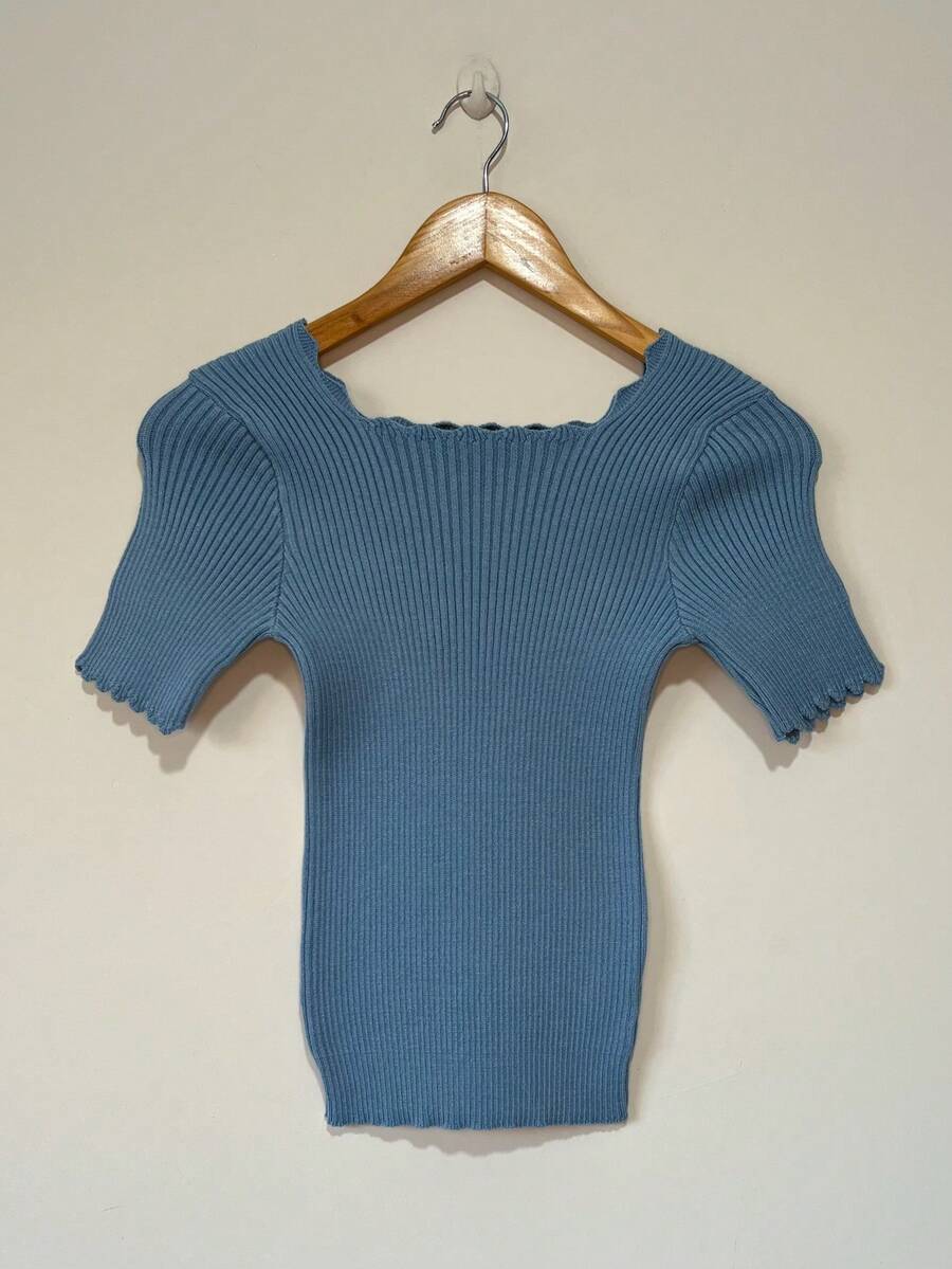 Women's Romantic Ribbed Modal Knit Blouse With Square Neckline And Short Sleeves. - Baby Blue - View 1