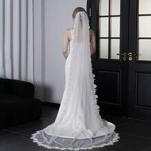 1pc Bridal Wedding Dress Long Trailing Lace Trim Veil, Single Layer Wedding Photography Accessory - White - View 1