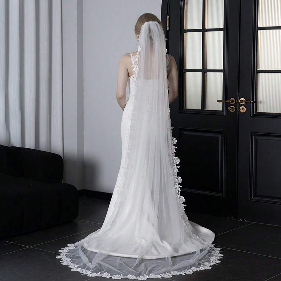 1pc Bridal Wedding Dress Long Trailing Lace Trim Veil, Single Layer Wedding Photography Accessory - White - View 1